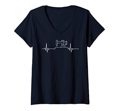 Mujer Amante de la máquina de coser del pulso del latido del coraz Camiseta Cuello V