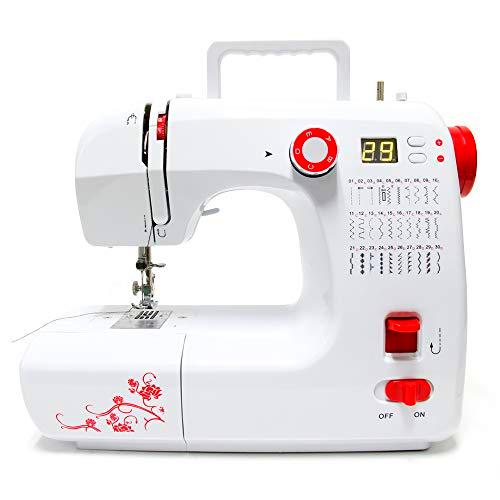 Signstek - Mini máquina de coser 30 programas de costura con pedal + luz LED de costura electrodomésticos programas de puntada para principiantes