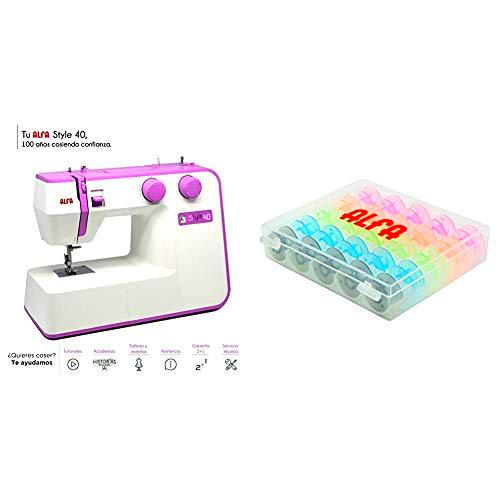 Alfa Máquina de Coser, Morado, 30 x 19 x 41 cm + 6050-Caja 25 canillas Colores, Multicolor