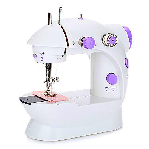 Nynel - Mini máquina de coser de doble velocidad ajustable AC100-240V multifuncional para niños principiantes con LED luz + 4 bobinas + pedal pie