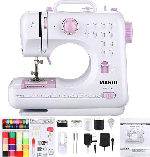 Máquina de coser con hilo doble de 2 pliegues/Adecuada también para principiantes y niños/Costura con 12 puntadas incorporadas/Con DVD de instrucciones y manual en 5 idiomas
